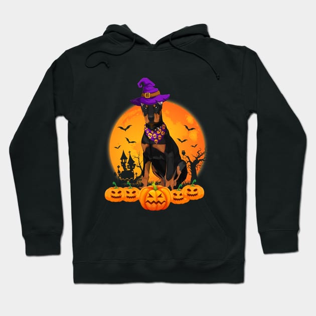 Funny Witch Hat Pumpkin Doberman Halloween Hoodie by everetto